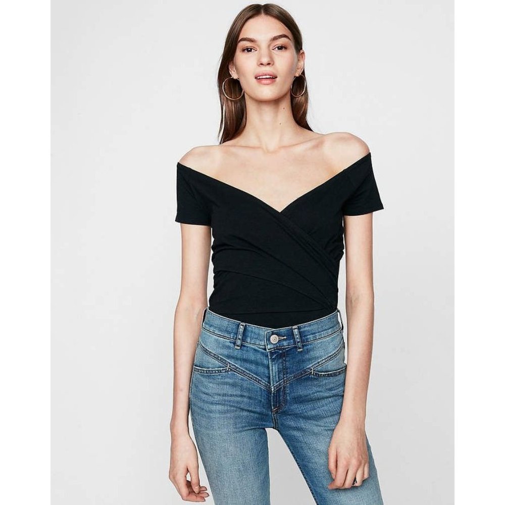 Express One Eleven Off The Shoulder Surplice Top